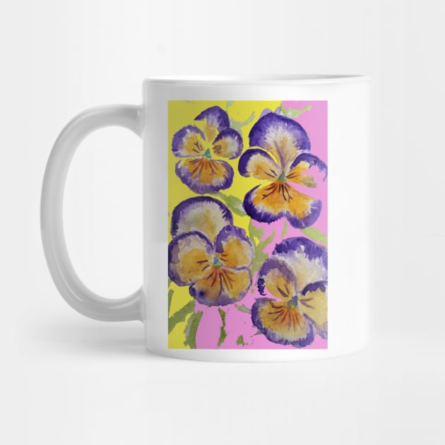 Viola Watercolor Purple Floral Pattern on Yellow and Pink by SarahRajkotwala